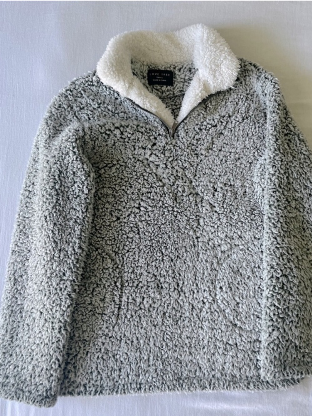 Love Tree Sherpa Pullover in Gray and White